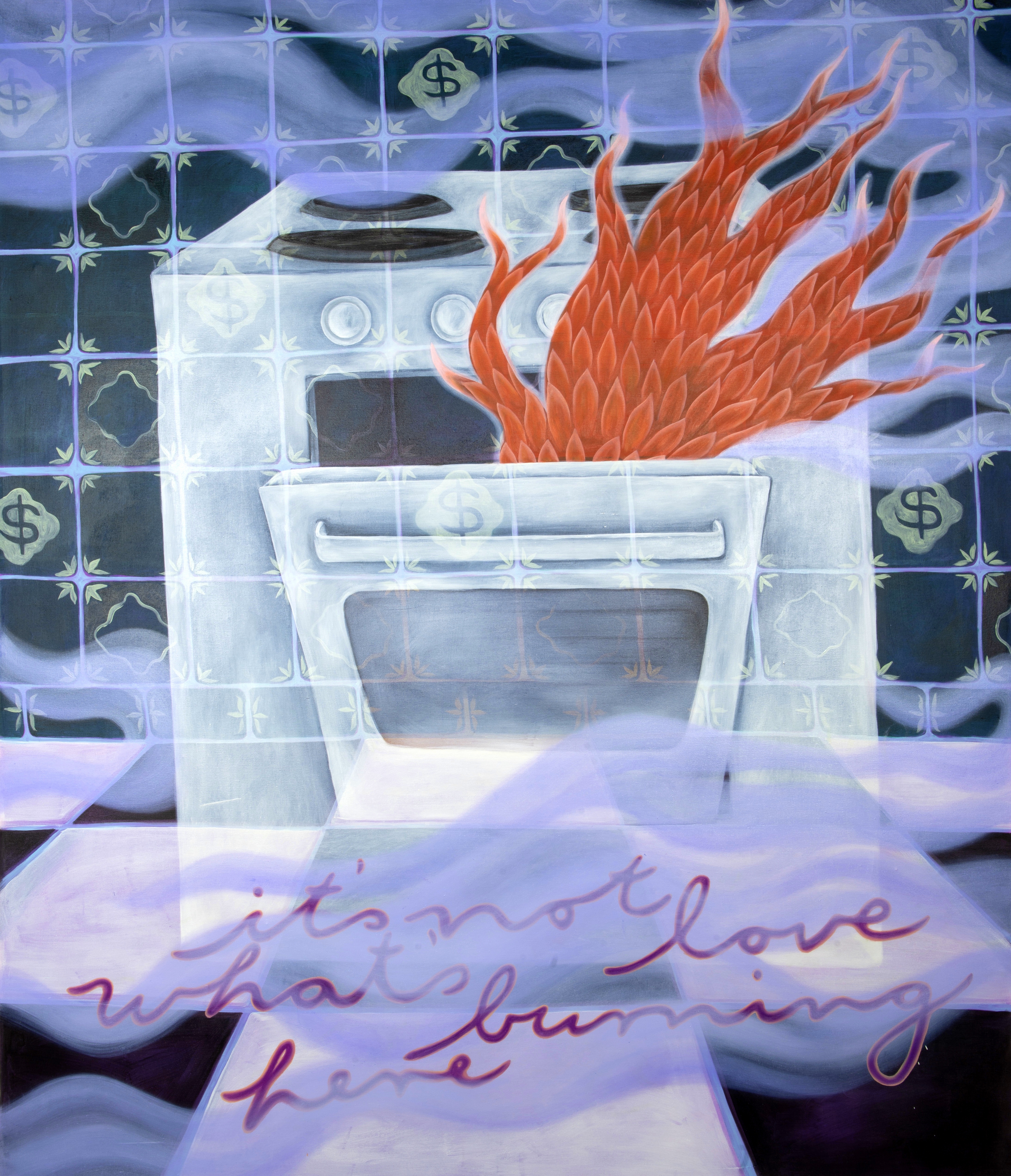 eine Malerei eines Küchenherdes aus dem Flammen lodern